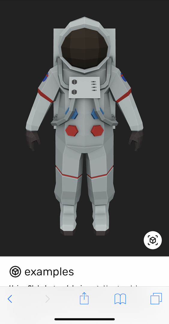 Image displaying the default model-viewer button of a box with slits cut out in the lower-right, next to the example astronaut model.